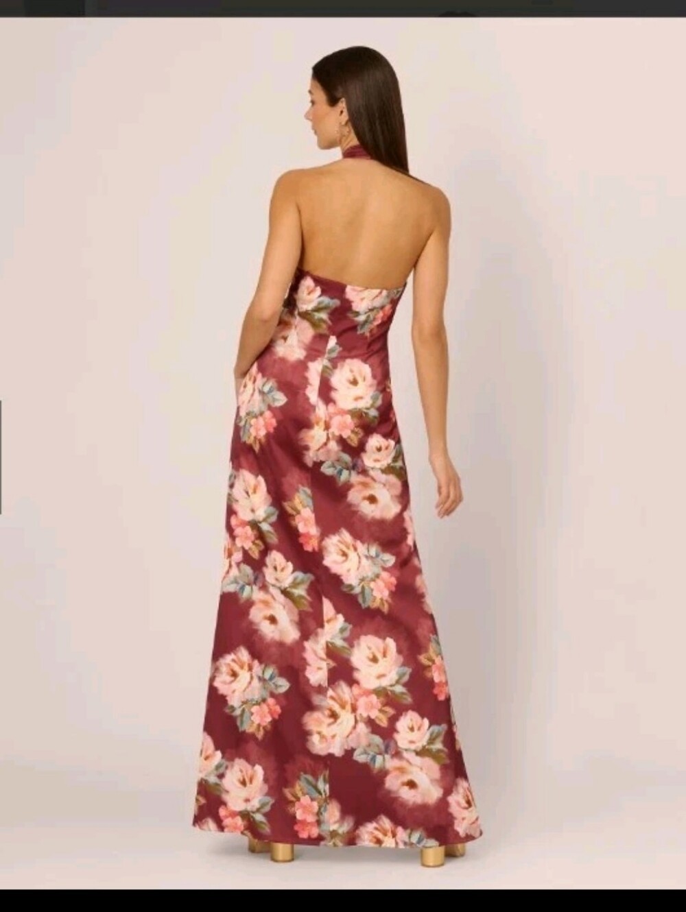 Adrianna Papell Floral Satin Halter Maxi Dress Size 8 NWT Brown Wedding Guest - Picture 2 of 12